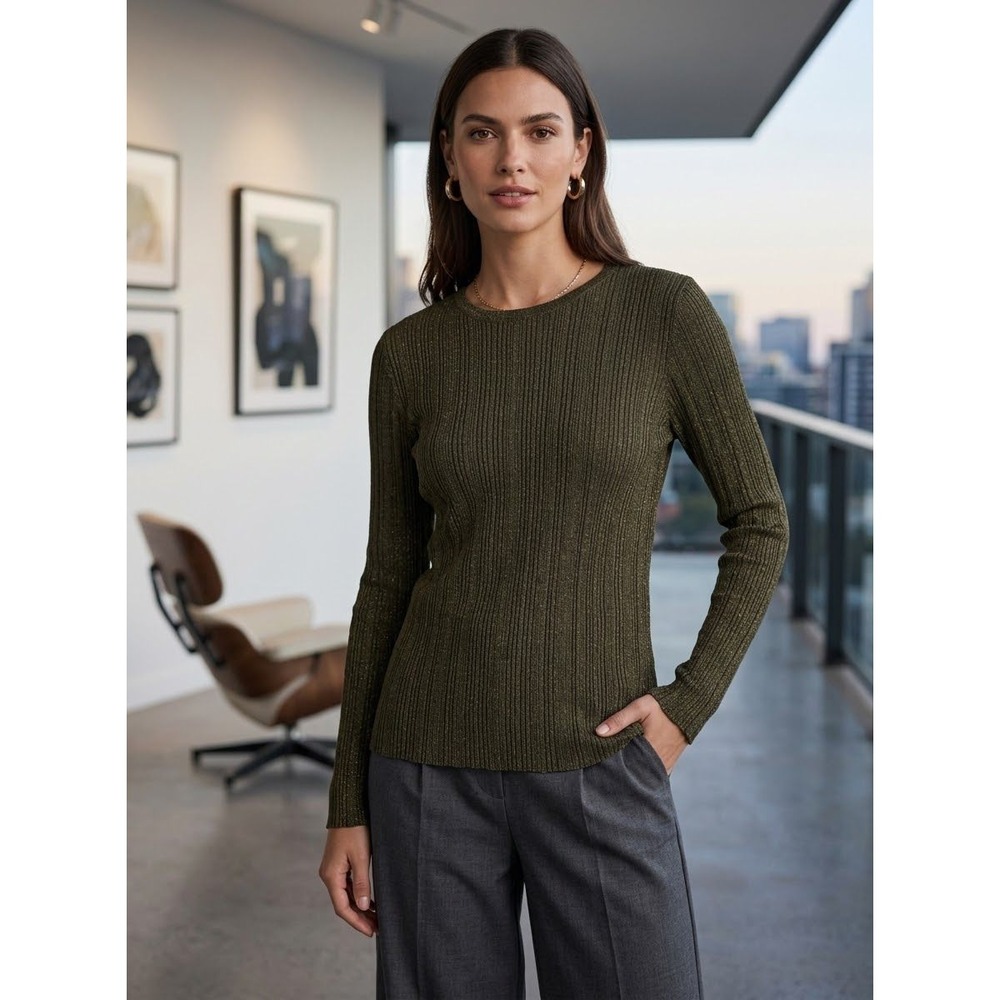 Metallic Ribbed Donna Karan Olive Green Merino Wool Sweater Size XL Extra Large